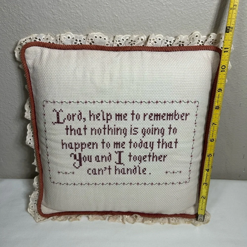 Vintage Cross Stitch Ivory Burgundy Decorative Pillow With a Prayer “Lord…